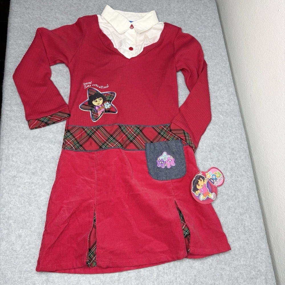 Vintage‎ 2005 Dora The Explorer Red Corduroy Plaid Long Sleeve Dress Girls 6 Y2K